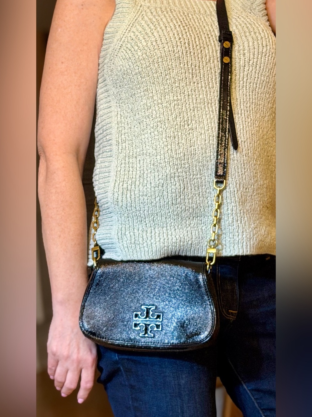 Tory Burch Classic Mini 2010s Britten Convertible Crossbody Clutch Black Leather